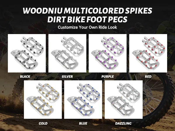 A collection of multicolored aluminum dirt bike foot pegs in black, silver, purple, red, gold, blue, and dazzling colors.