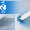 A disposable toilet brush kit with a hands-free auto-open holder is shown cleaning a toilet bowl.