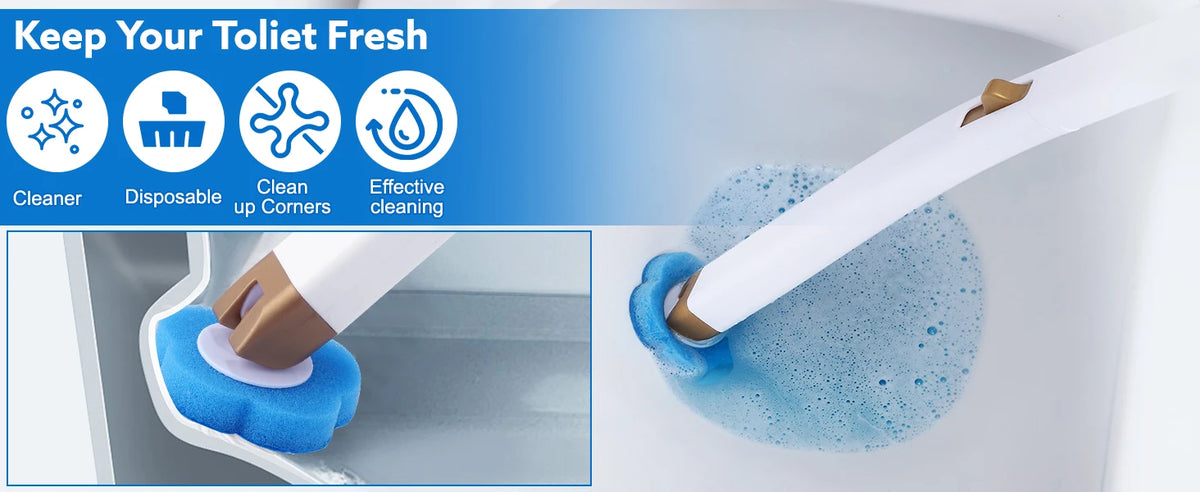A disposable toilet brush kit with a hands-free auto-open holder is shown cleaning a toilet bowl.