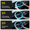 Three steps showing how to put a soft silicone steering wheel cover on and adjust its position.