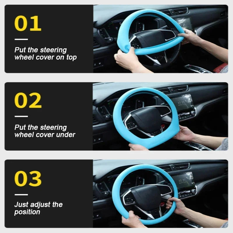 Three steps showing how to put a soft silicone steering wheel cover on and adjust its position.