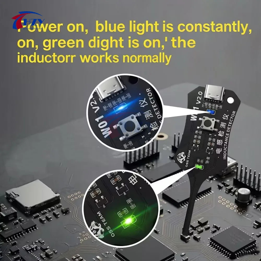 Close-up view of an inductor works normally test on a circuit board showing blue and green lights