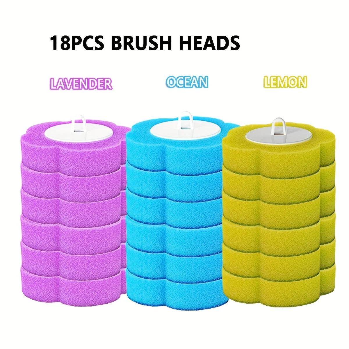 Set of 18 disposable toilet brush heads in lavender, ocean blue, and lemon colors.