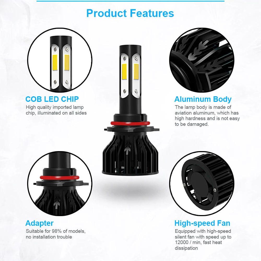 A set of COB LED chip lamp bulbs with aluminum body, adapter, and high-speed fan for a headlight.