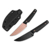 A full tang fixed blade knife with a pinkish blade and a black Kydex sheath.