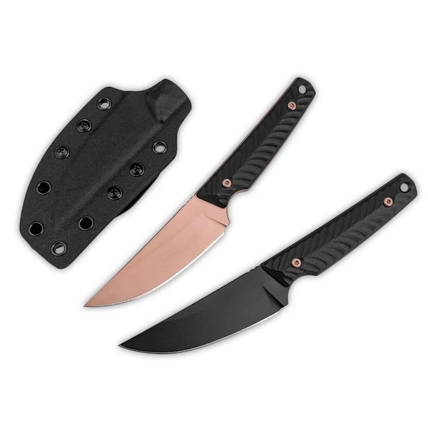 Feststehendes Messer mit vollem Erl, rosafarbene Klinge, schwarze Kydex-Scheide