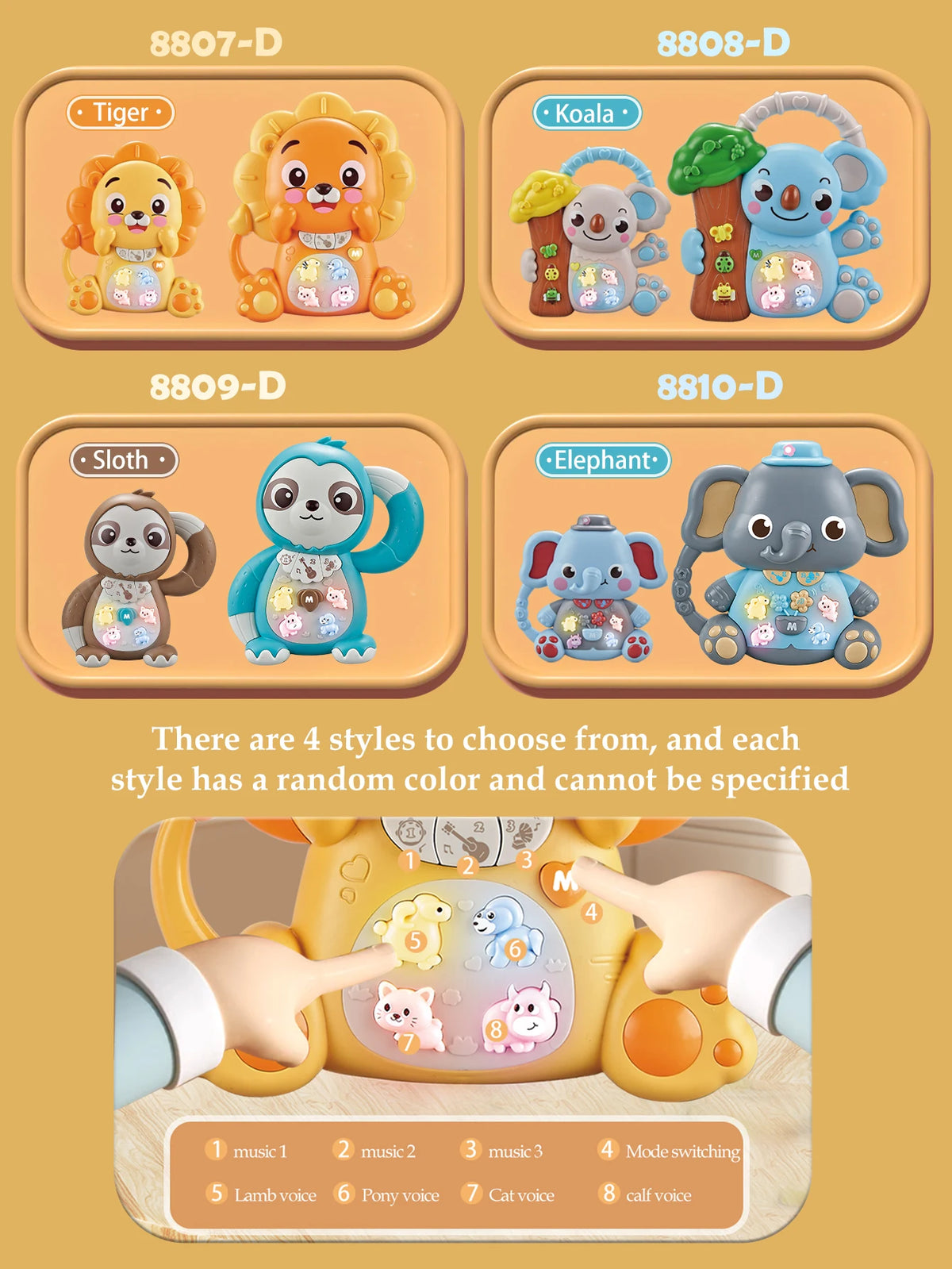 A collection of eight cartoon animal music piano keyboards for toddlers, featuring tigers, koalas, sloths, elephants, and mor