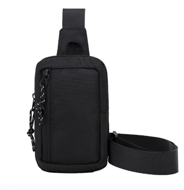Black compact canvas crossbody bag with adjustable strap