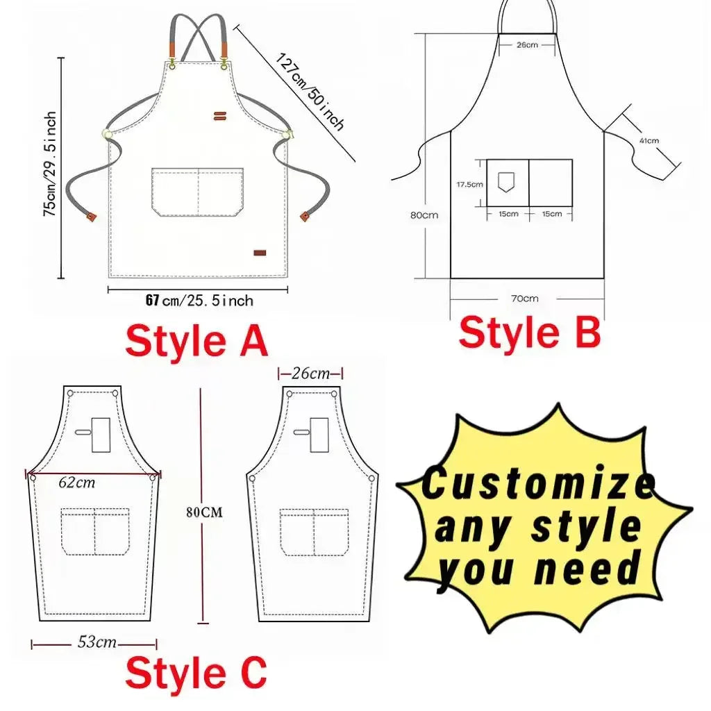 Diagrams showing three styles of adjustable cotton canvas aprons: Style A, Style B, and Style C.