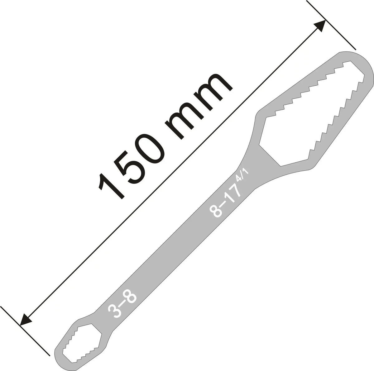 A gray universal adjustable Torx wrench with a 150 mm length and markings for 3-8 and 8-17 sizes.
