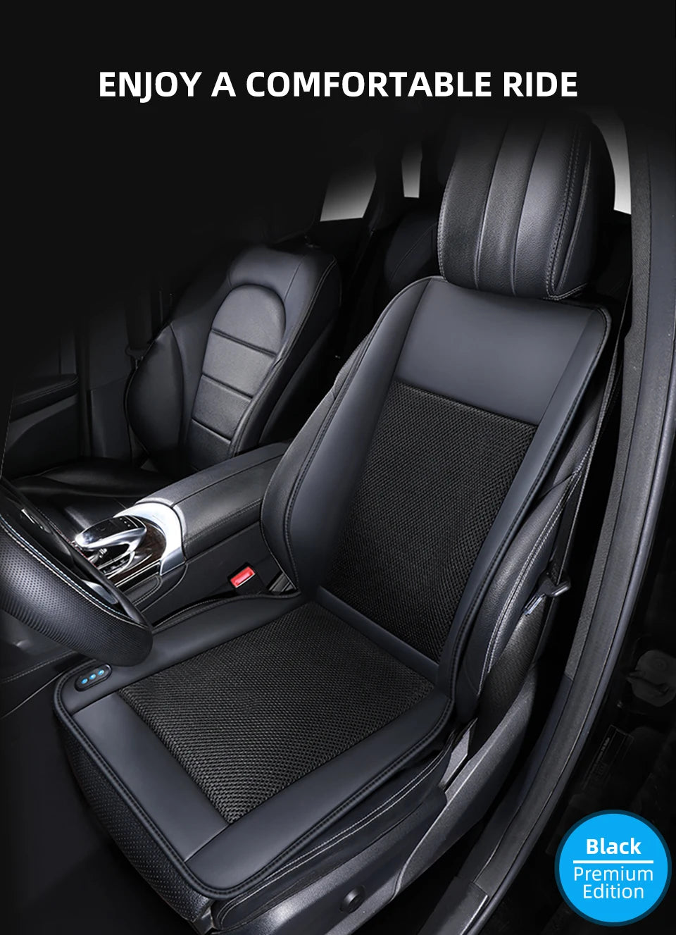 A black leather car seat cushion is shown inside a vehicle, emphasizing comfort and a smooth ride.