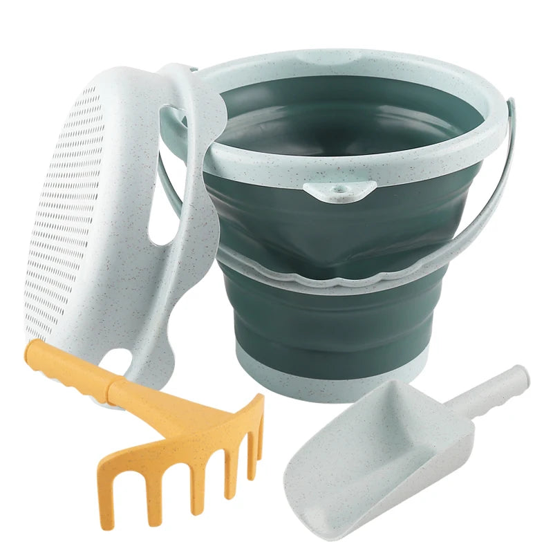 Collapsible Beach Toy Set with Bucket, Shovel & Rake