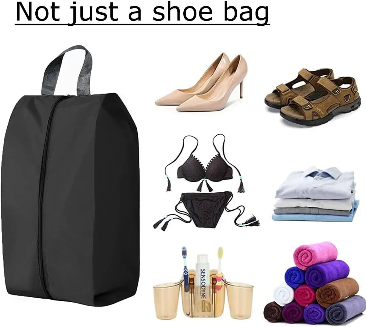 A black foldable nylon shoe storage bag is shown next to various shoes and accessories.