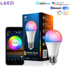 A smart LED bulb is shown next to a smartphone, with its packaging and compatibility logos visible.