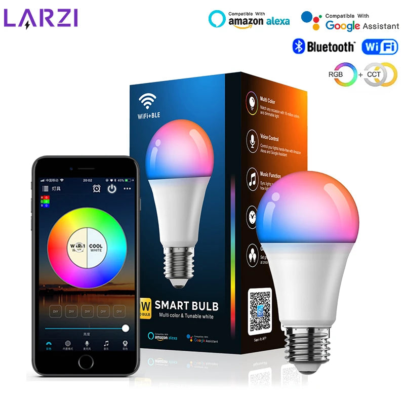 A smart LED bulb is shown next to a smartphone, with its packaging and compatibility logos visible.