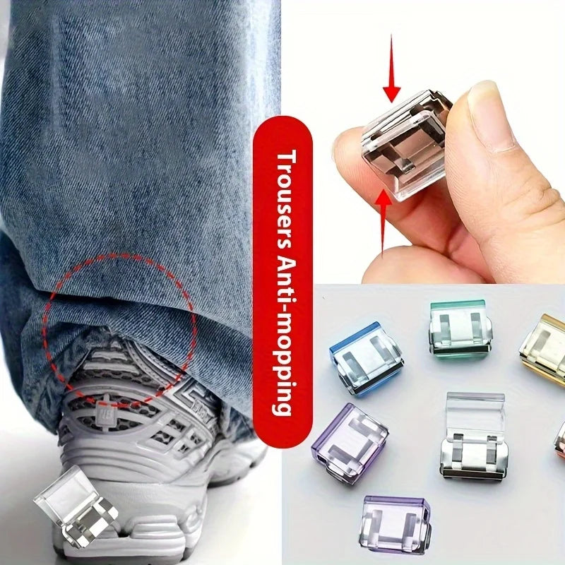 Close-up of invisible hem shortening clips being applied to denim trousers.