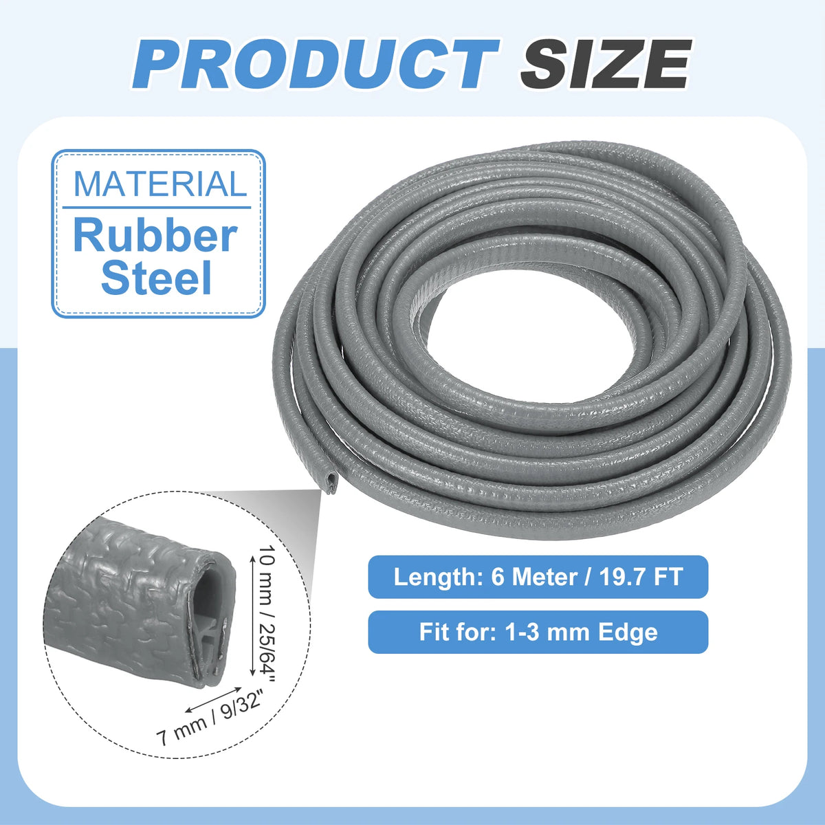A coil of gray rubber steel flexible U-channel edge protector trim with a 6 meter length.