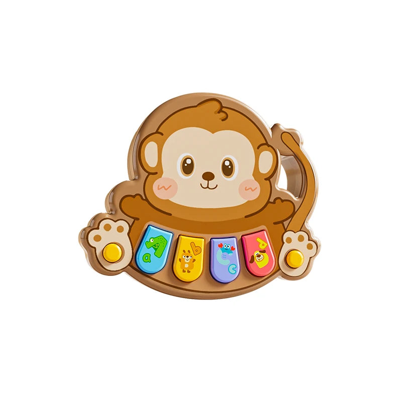 An interactive animal piano toy featuring a monkey face and colorful buttons for toddlers.