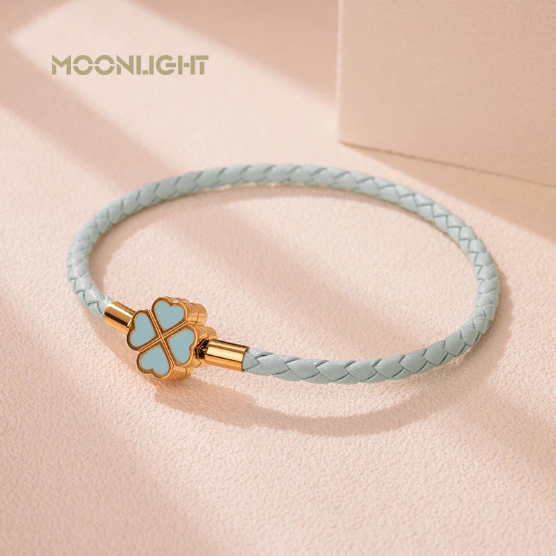 Four-Leaf Clover Braided Leather Bracelet