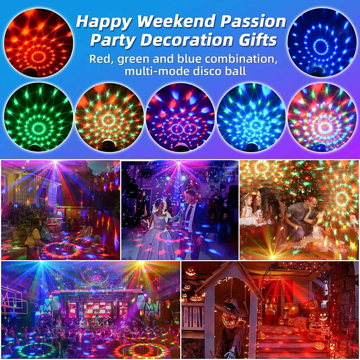 A collection of multi-mode disco balls and light show videos demonstrating red, green, and blue combinations for party decora