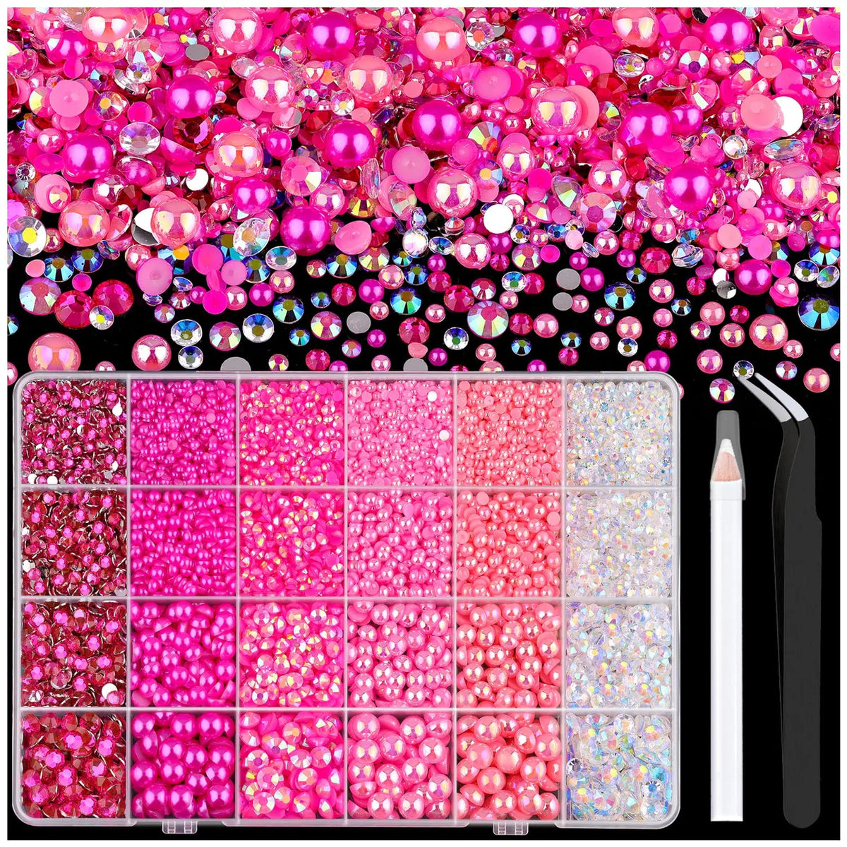 A flatback pearls and rhinestones craft kit featuring various colored beads, a tweezer, and a pickers tool.