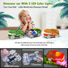 A dinosaur car toy set with 2 LED color lights on a track, showing how to press down the screws for maximum light.