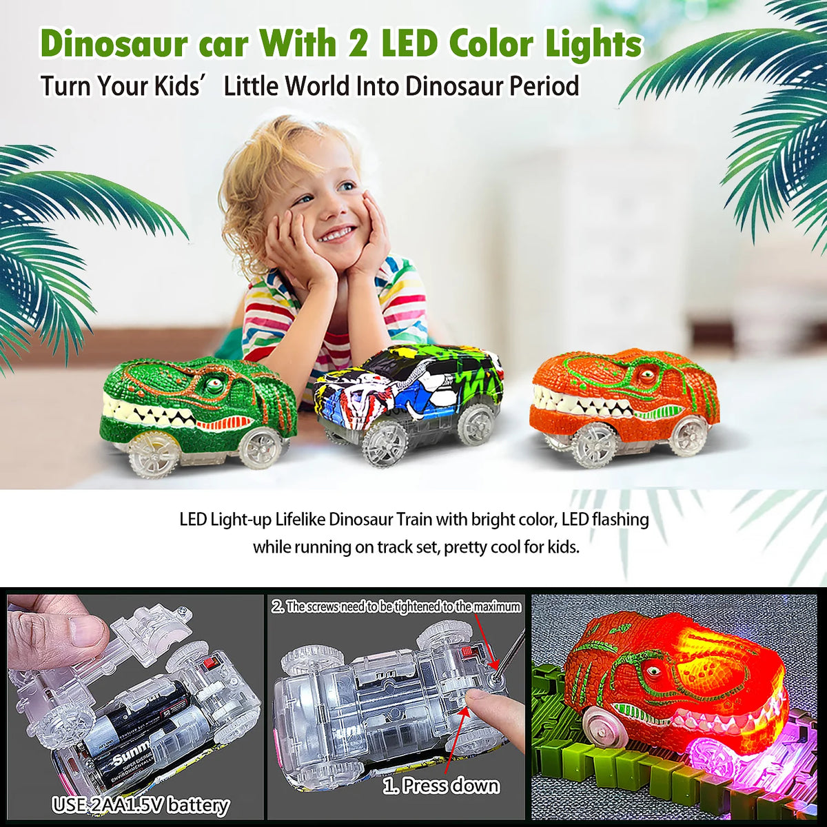 A dinosaur car toy set with 2 LED color lights on a track, showing how to press down the screws for maximum light.