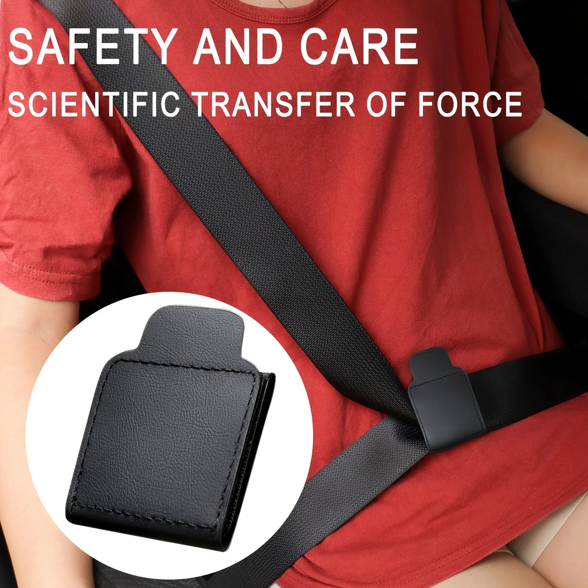 A close-up of a black PU leather seat belt adjuster clip attached to a red shirt.