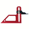 A red precision depth gauge with a graduated scale and angle markings used for measuring depth.