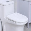 A white toilet features a soft, white flannel seat cover installed on the bowl.