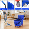 Blue heavy-duty rolling mop bucket with a side-press wringer and various accessories shown in use.