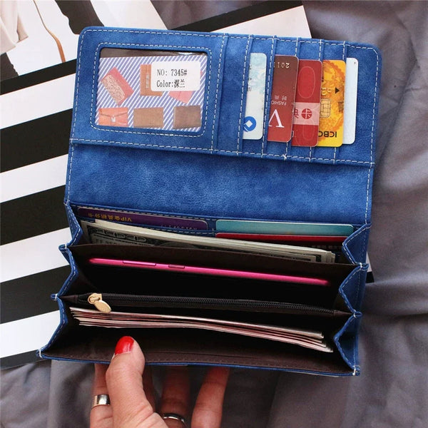 Women's RFID-Blocking Nubuck Leather Long Wallet with Multiple Card Slots