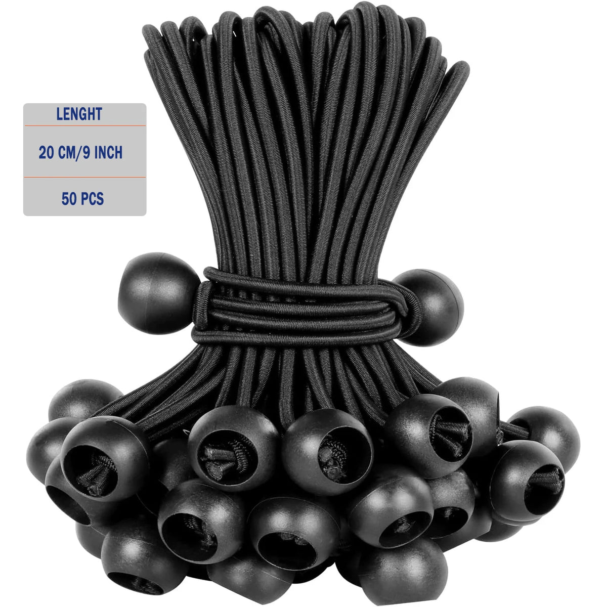 A bundle of black ball bungee cords with a black cord organizer and multiple small black balls.