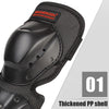 Black impact-resistant motorcycle knee and elbow protective pads shown in a close-up view.