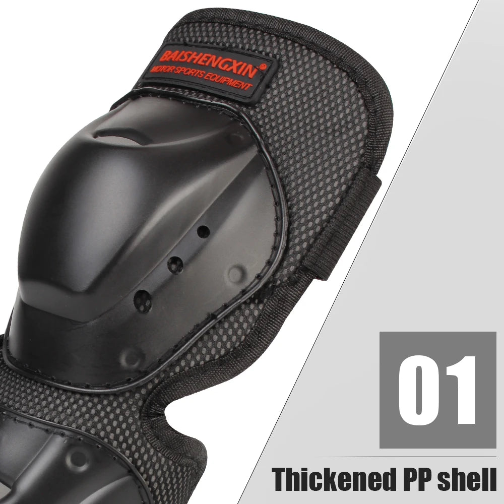 Black impact-resistant motorcycle knee and elbow protective pads shown in a close-up view.