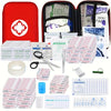 A portable first aid kit with a red hard shell case showing various medical supplies and tools.