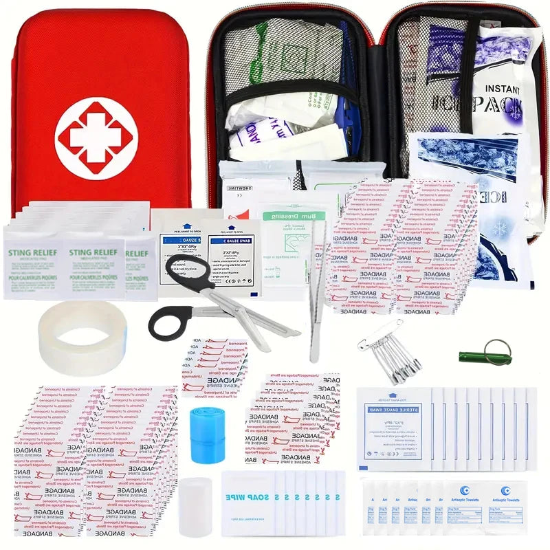 A portable first aid kit with a red hard shell case showing various medical supplies and tools.