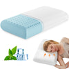 A white memory foam pillow with a light blue cooling ventilation layer and a removable cover, shown next to ice cubes and bei