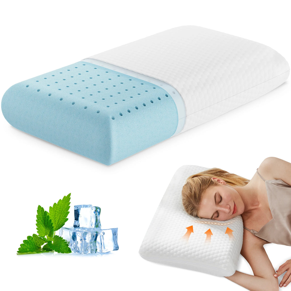 A white memory foam pillow with a light blue cooling ventilation layer and a removable cover, shown next to ice cubes and bei