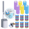 A disposable toilet brush kit featuring a hands-free auto-open holder and multiple colored brushes.