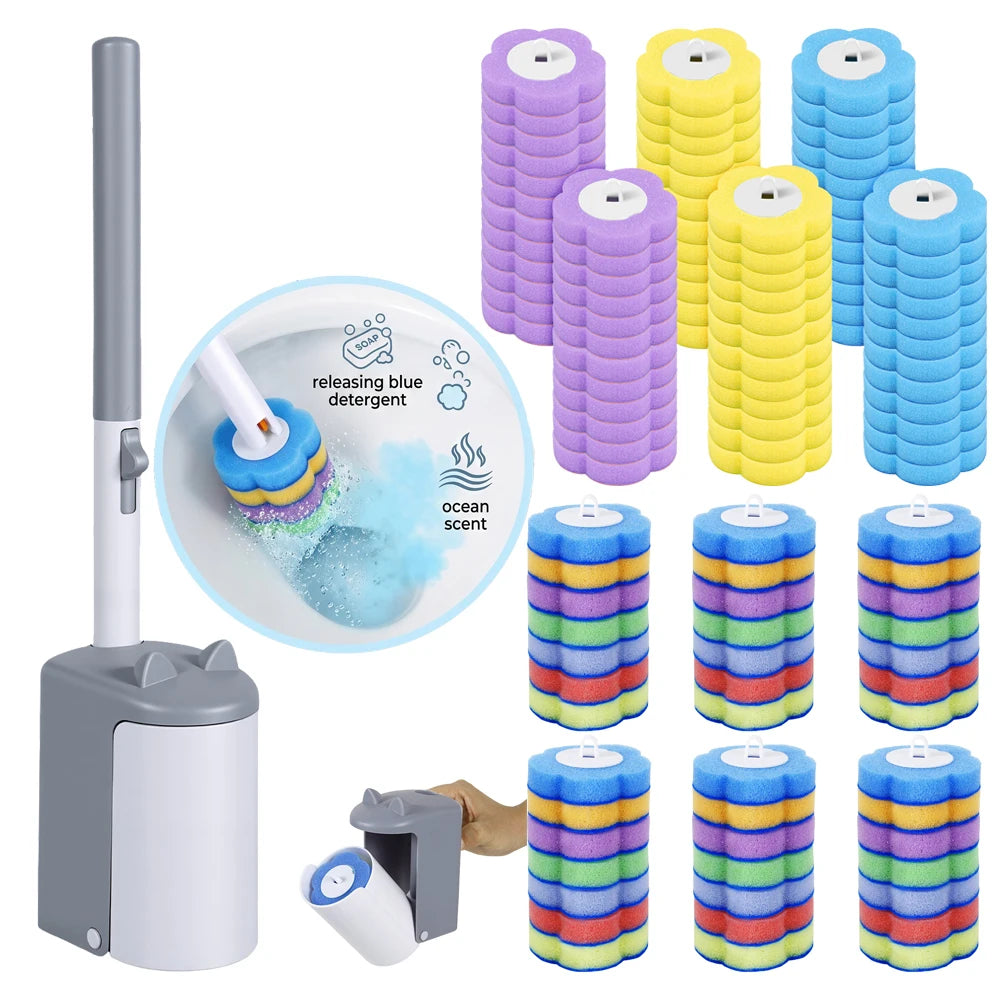 A disposable toilet brush kit featuring a hands-free auto-open holder and multiple colored brushes.