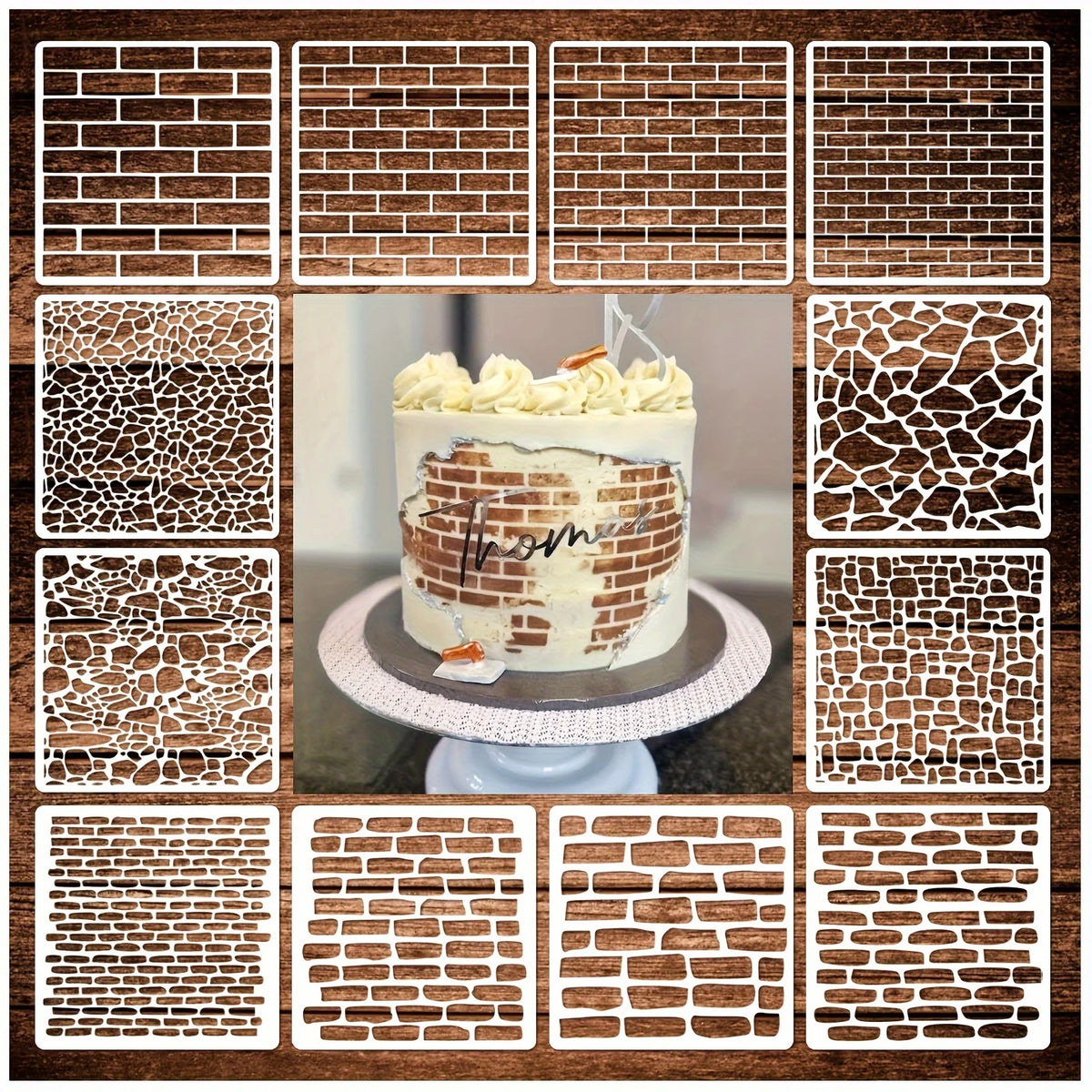 A grid of 12 reusable stencil patterns featuring brick textures for DIY projects.