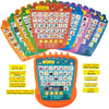 A colorful bilingual learning pad for kids featuring letters, words, and shapes in Arabic and English.