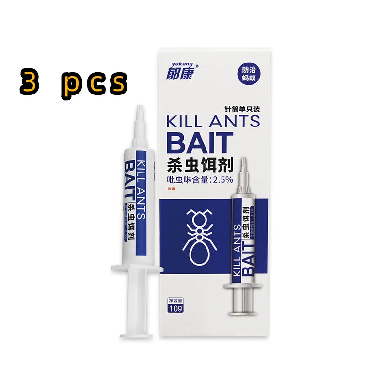 Three tubes of Kill Ants Bait gel for complete colony elimination, packaged in a white box.