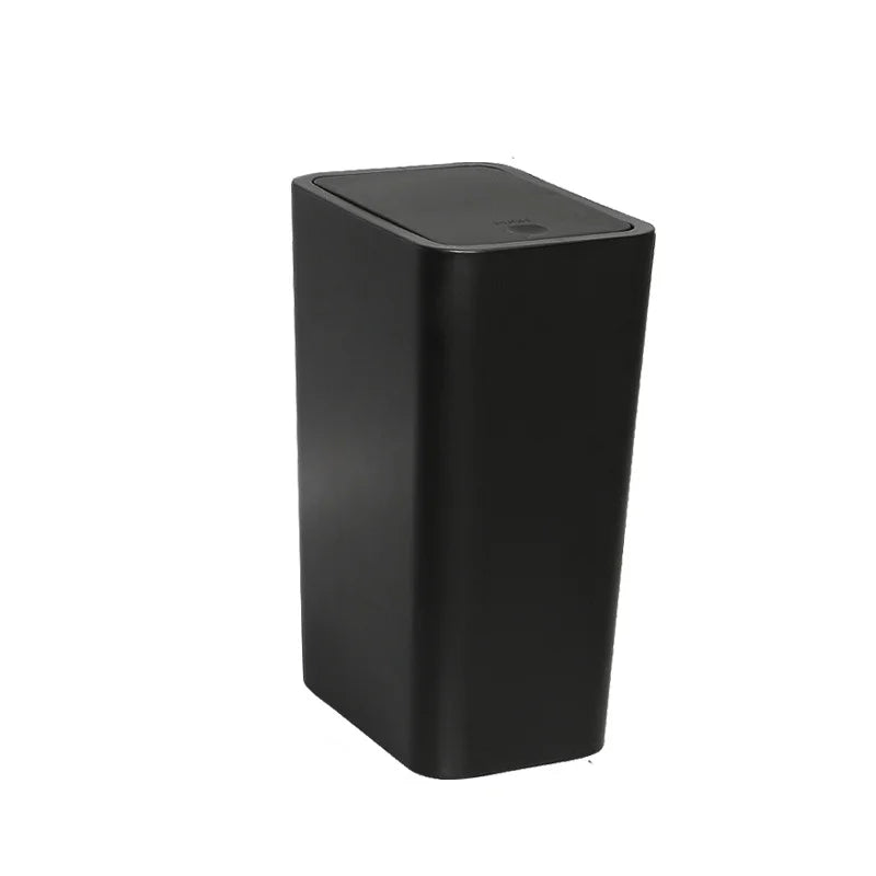 A sleek, black pop-up slim trash can with a one-touch lid.