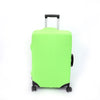 A lime green elastic travel luggage cover for a suitcase with a silver handle and wheels.