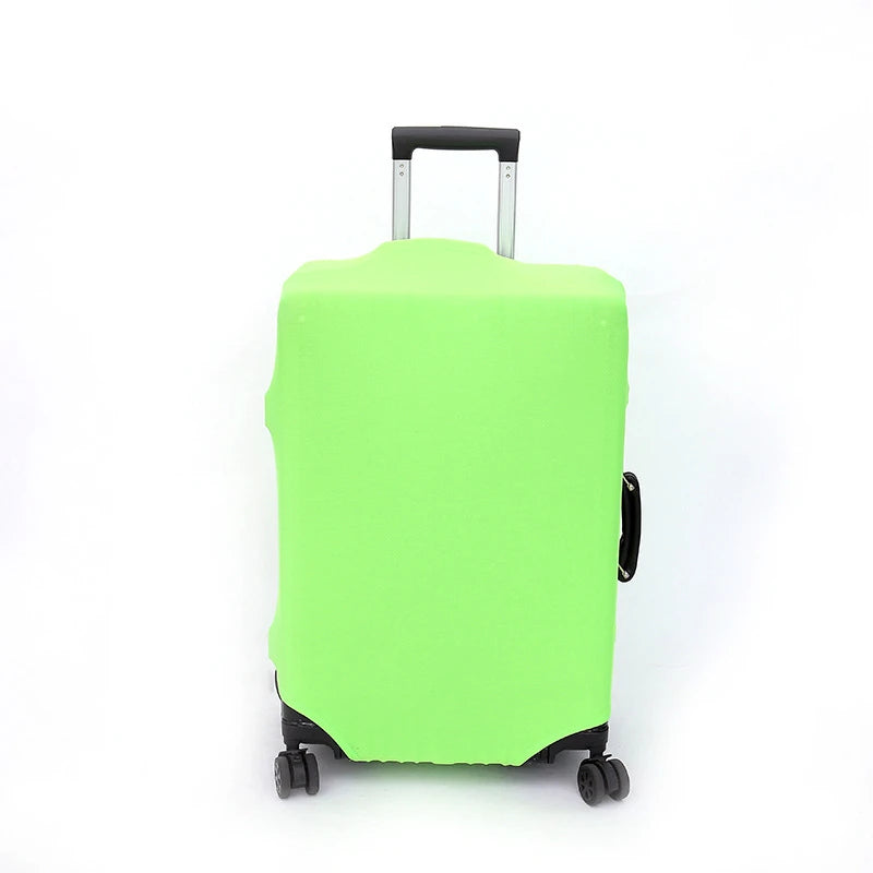 A lime green elastic travel luggage cover for a suitcase with a silver handle and wheels.