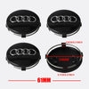 Black decorative wheel covers for an Audi center hub, shown in multiple views with size specifications.