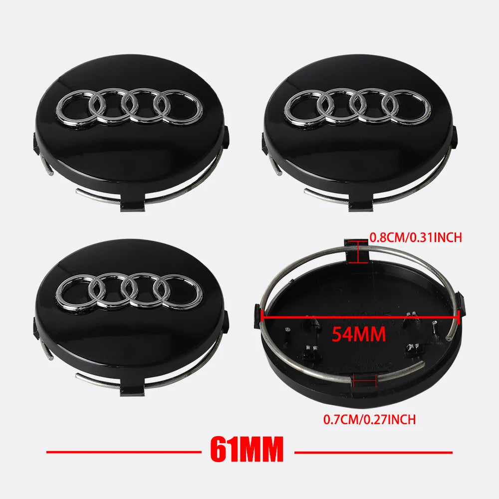 Black decorative wheel covers for an Audi center hub, shown in multiple views with size specifications.