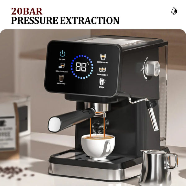 Preparando café con una máquina de espresso semiautomática negra, mostrando la extracción con pantalla digital 88.